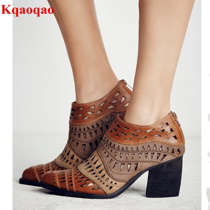 

Women Ankle Spring Boots Hallow Out Back Zipper Design Shoes Brand Super Star Runway Shoes Med Heel Roman Style Sapato Feminino