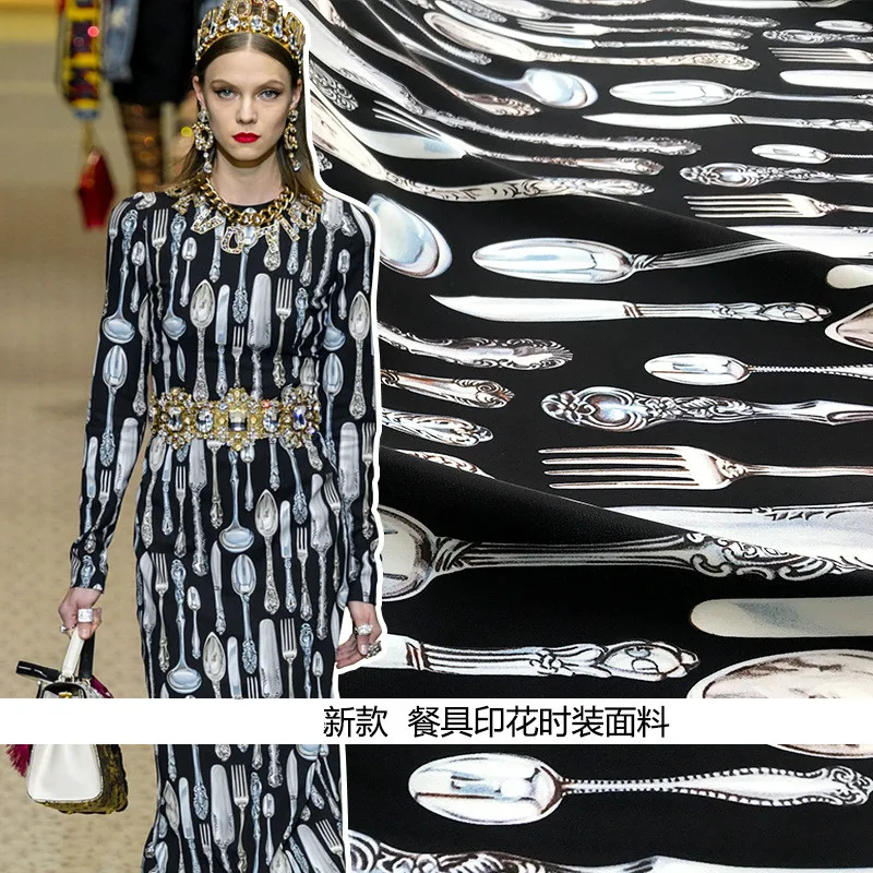 

2019 new style with European and American show pattern tableware printing fashion fabric polyester printed fabric dress cloth
