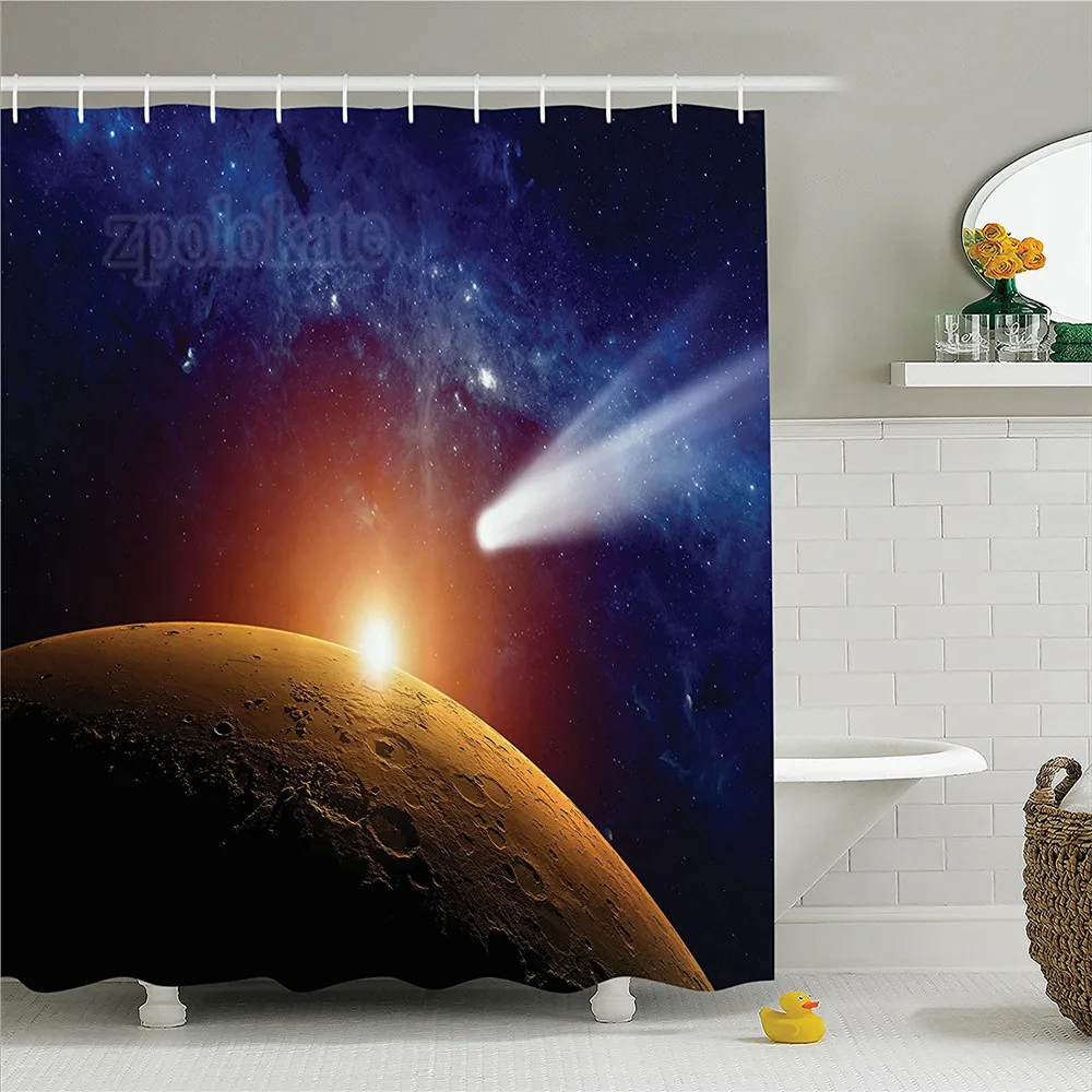 

Outer Space Decor Shower Curtain Set Comet Tail Approaching Planet Mars Fantastic Star Cosmos Dark Solar System Scenery Bathroom