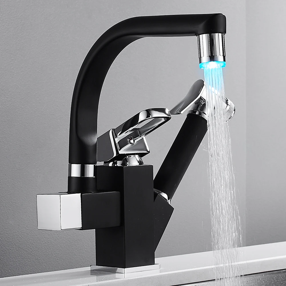 

Robot Kitchen Faucet Black Square Body Pull Out Spray Sink Swivel Taps Spout Mixer Faucet Mixer Tap Cold Hot Water taps