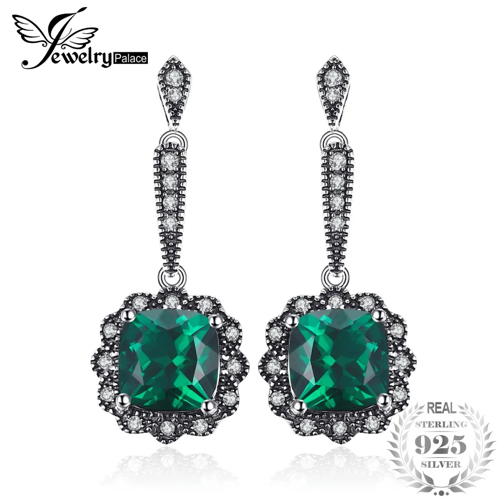 

JewelryPalace 3ct Square Created Emerald Drop Earrings Solid 925 Sterling Silver Wedding Vintage Brand Jewelry gift foe women