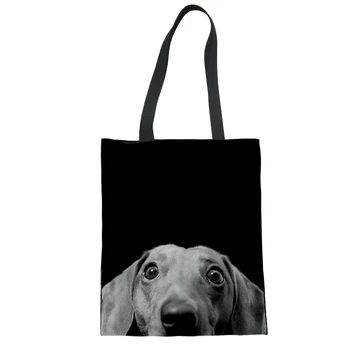 

FORUDESIGNS Black Dachshund Print Folding Bag Large Shopping Bag Daily Necessities Reusable Canvas Grocery Handbag Simple Design