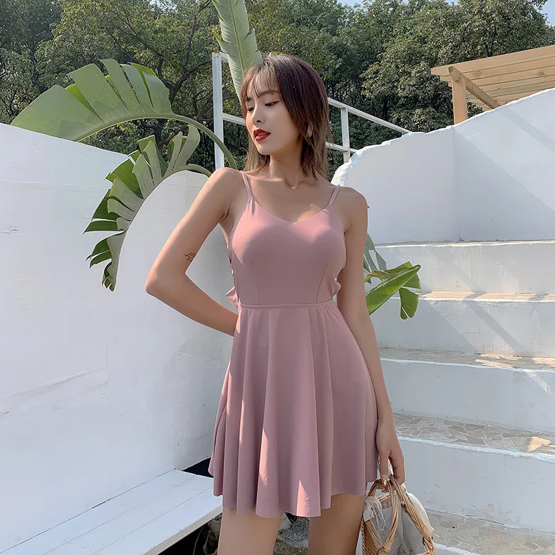 

Swimsuits Woman 2019 One Piece Closed May Female Beach Swimsuit Large Size Peice Women Korea New Red Union Skirt Sexy Solid