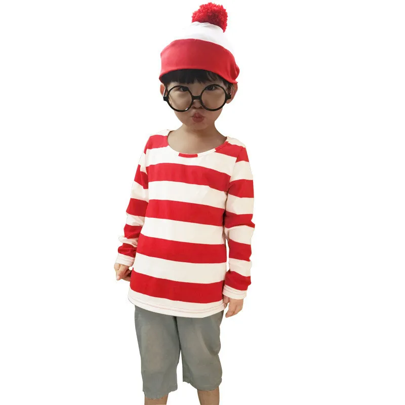 Chlid Wally Waldo/костюм для мальчиков косплея рубашка в белую и красную полоску девочек