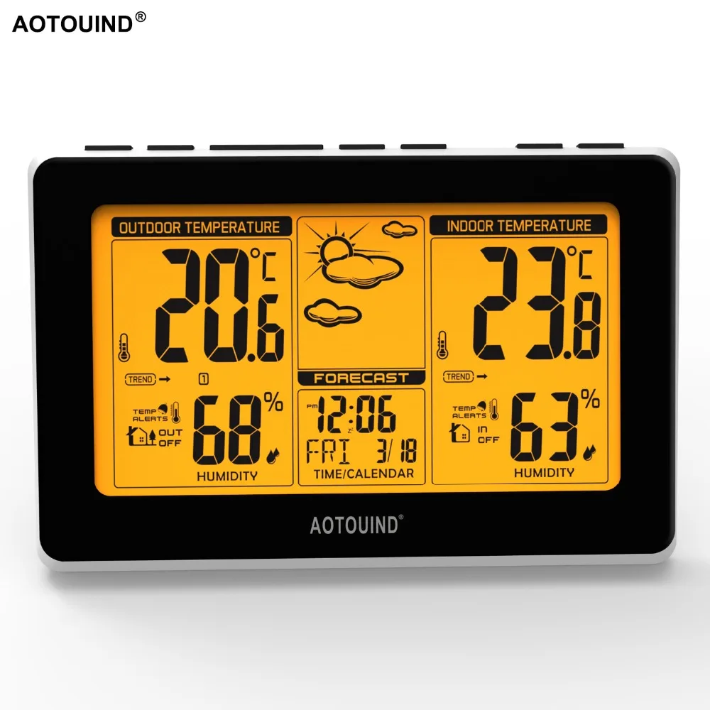 AOTOUIND большой дисплей Беспроводная метеостанция с 2 датчиками погоды и монитором температуры и влажности
