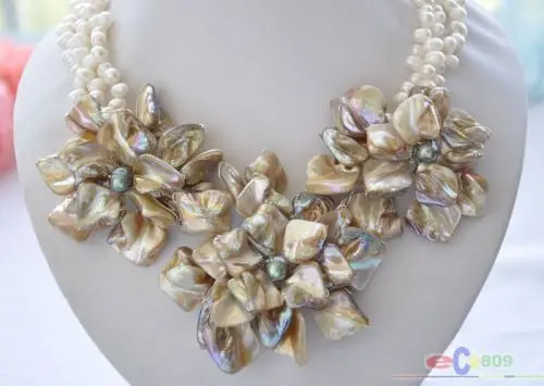 

Hot sale new Style >>>>>Fashion Handmade 3row 18" White Rice Pearl Shell Knitting Flower Necklace