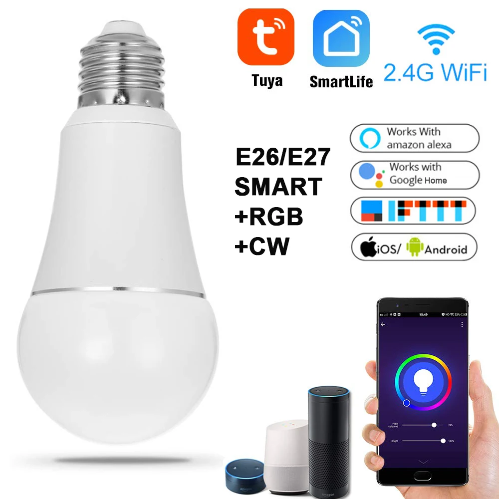 

WiFi RGB CW Voice Control Power LED Light Bulb E27/E26 Smart Lamp Dimmable Multicolor Lights Work with Alexa and Google home