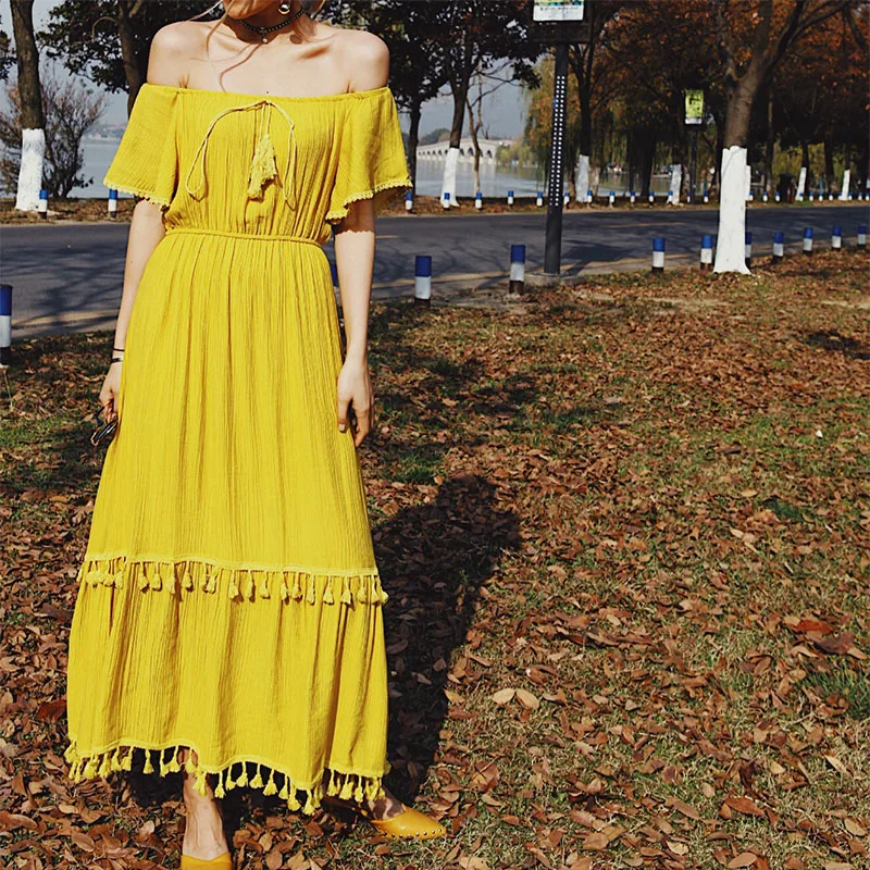 

Ordifree 2019 Summer Boho Women Off Shoulder Maxi Dress Slash Neck Tassel Yellow White Sexy Long Tunic Beach Dress