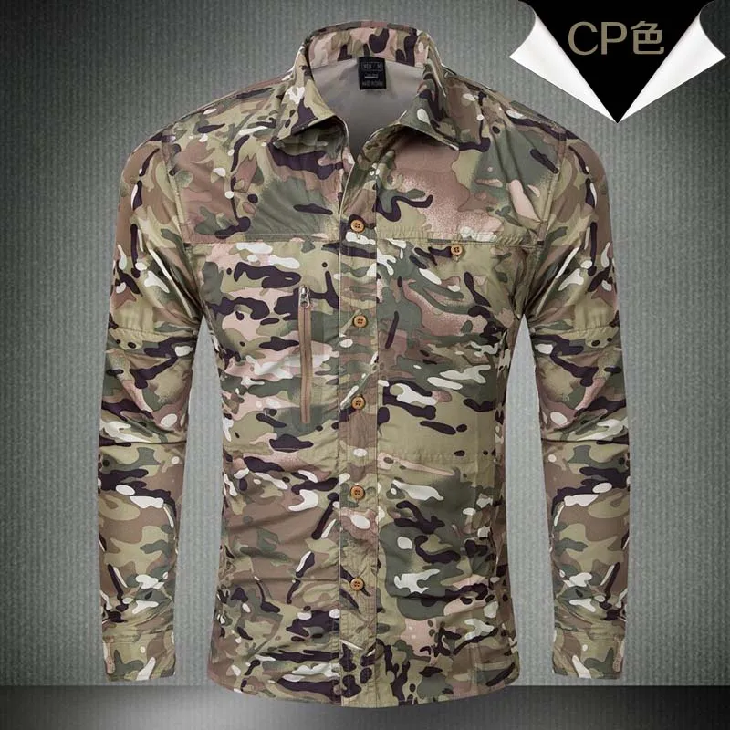 Мужские тактические рубашки с длинным рукавом Zip Off Тактический Камуфляж Рубашки дышащий военной подготовки 7 майки цвет УФ-защита - Цвет: Зеленый