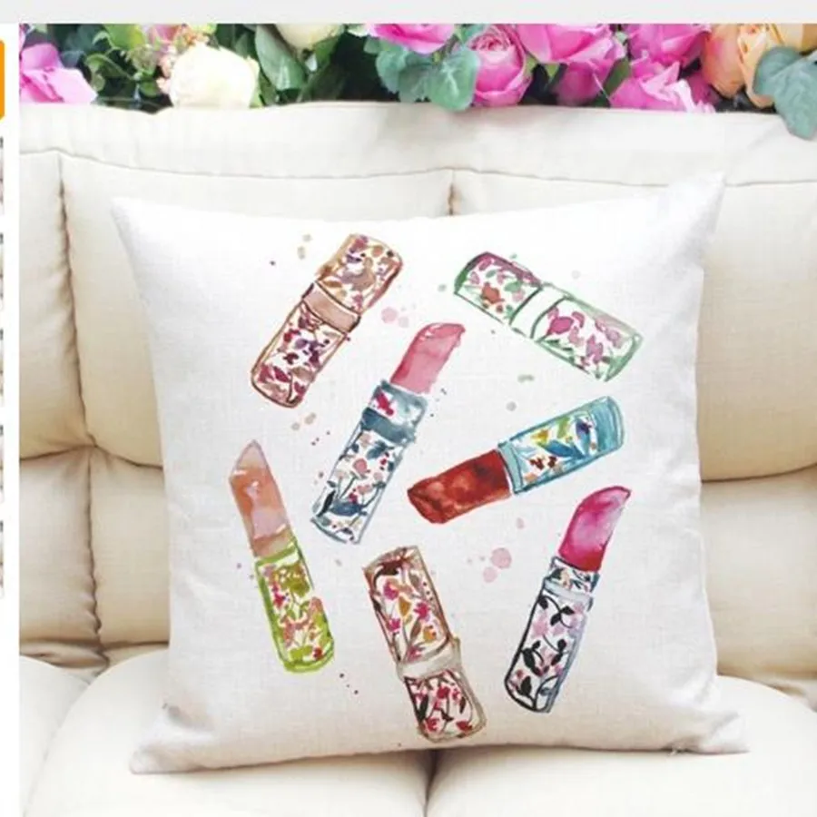 Pillow case Beige Backing Free shipping home fashion modern lipstick perfume cotton linen pillowcase