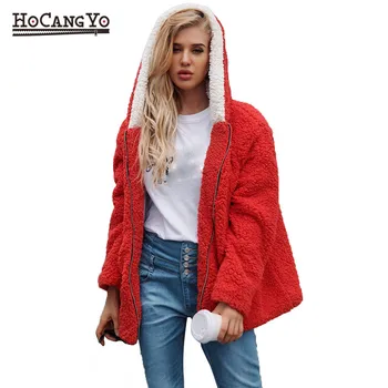 

HCYO Winter Women Hooded Fur Coats Plus Size Fashion Women Wool Faux Fur Coat Casual Overcoat with Fur Trim Hood Plush Warm Coat