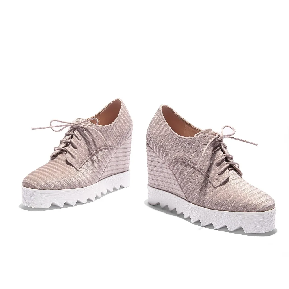 Lenkisen Kausalen Erhöht Flock schokolade High Mode Frauen Einkaufen Lace Neue Heels rosa Up L1f5 Toe Schwarzes Pumpt Keile Feste Platz Super Plattform YYg7qrA
