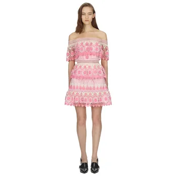 

2019 Mini Dress Sexy Celebrity Backless Elegant Floral Lace Women Pink Slash Neck Night Club Body con Party Dresses Wholesale