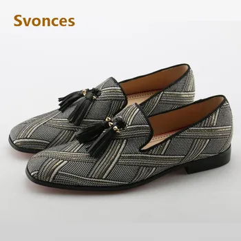 

New Luxury Striped Leather Fringe Rivets Designer Men Zapatillas Flock Low Top Flats Loafers Fashion Casual Shoes Man Plus Size