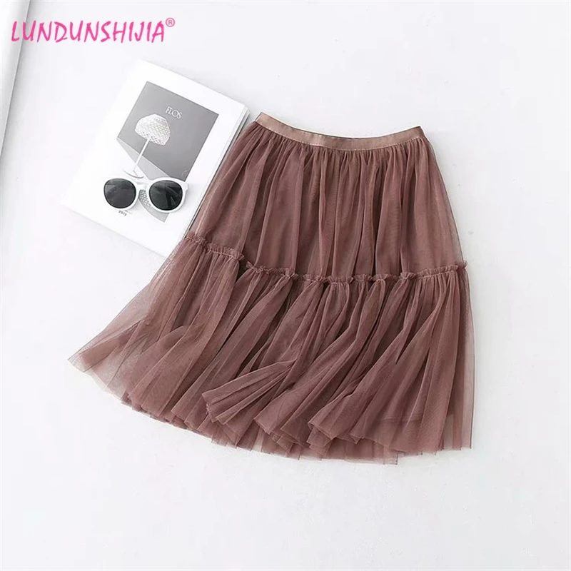 

LUNDUNSHIJIA 2019 New Arrival Summer Women Tulle Skirts Fashion Mesh Ruffle High Waist Pleated Skirts 6 Colors