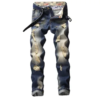 

Men Hole Jeans Slim Fashion Bleached Distressed Men Denim Jeans Straight Retro Washed Casual Men Cowboy Jeans Washed