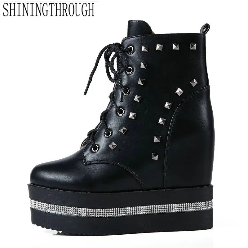 

New lace up ankle boots rivets 2018 boots platform women boots high heels boots woman casual shoes woman black white