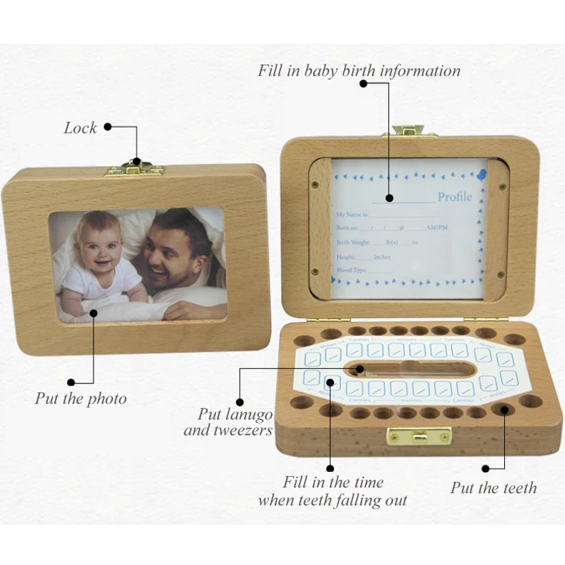 Photo Frame Baby Tooth Box Organizer Wood Kids Teeth Storage Box Save Lanugo Collect First Tooth for Boy Girl Announcement Gift