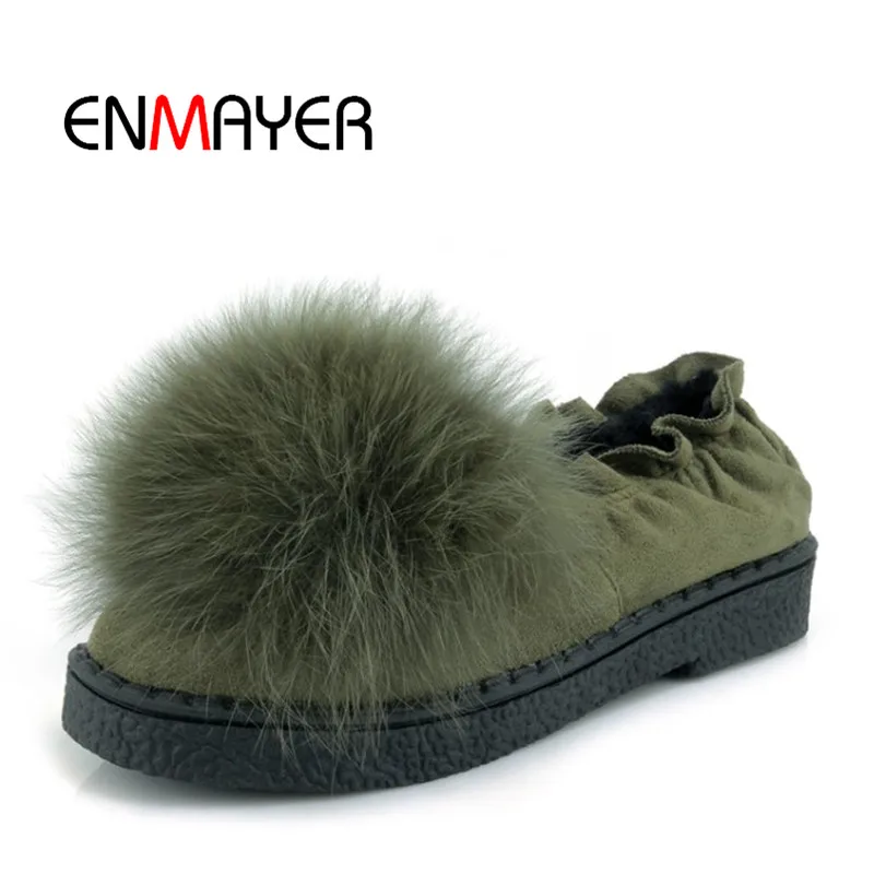 

ENMAYER 2018 High Quality Woman Flat Shoes Winter Warm Fashion Ladies Shoes Casual Woman Plush Slip-On Shoes Handmade Female