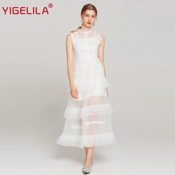 

YIGELILA Women Summer White Wedding Party Dress Fashion Sleeveless O-neck Empire Slim Ankle Length Mesh Lace Long Dress 63859