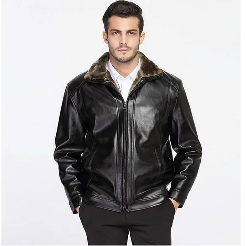 Men's Leather Down Jacket Winter Fur Collar Detachable PU Leather