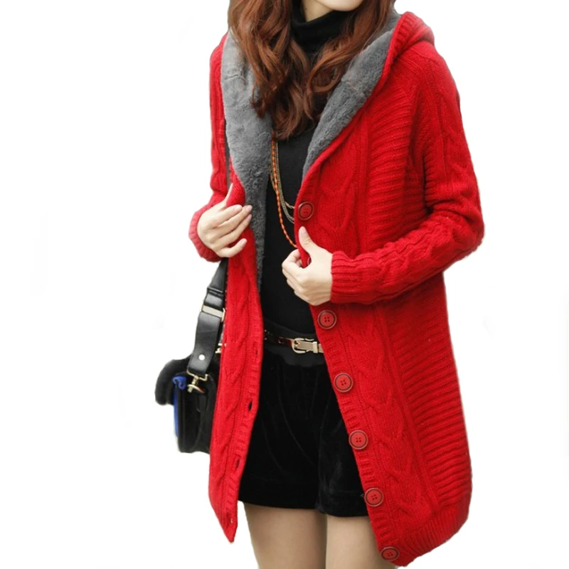 font b Women b font warm knitted outwear fleece lining winter thermal hooded cardigans font