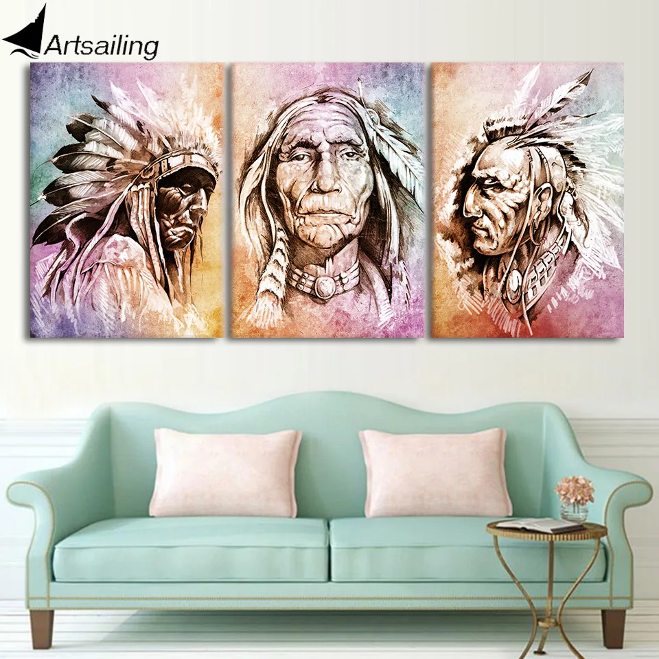 HD printed 3 piece canvas art Indian warrior tribe Chief feather painting wall pictures for living room free shipping/CU-1618C | Дом и сад