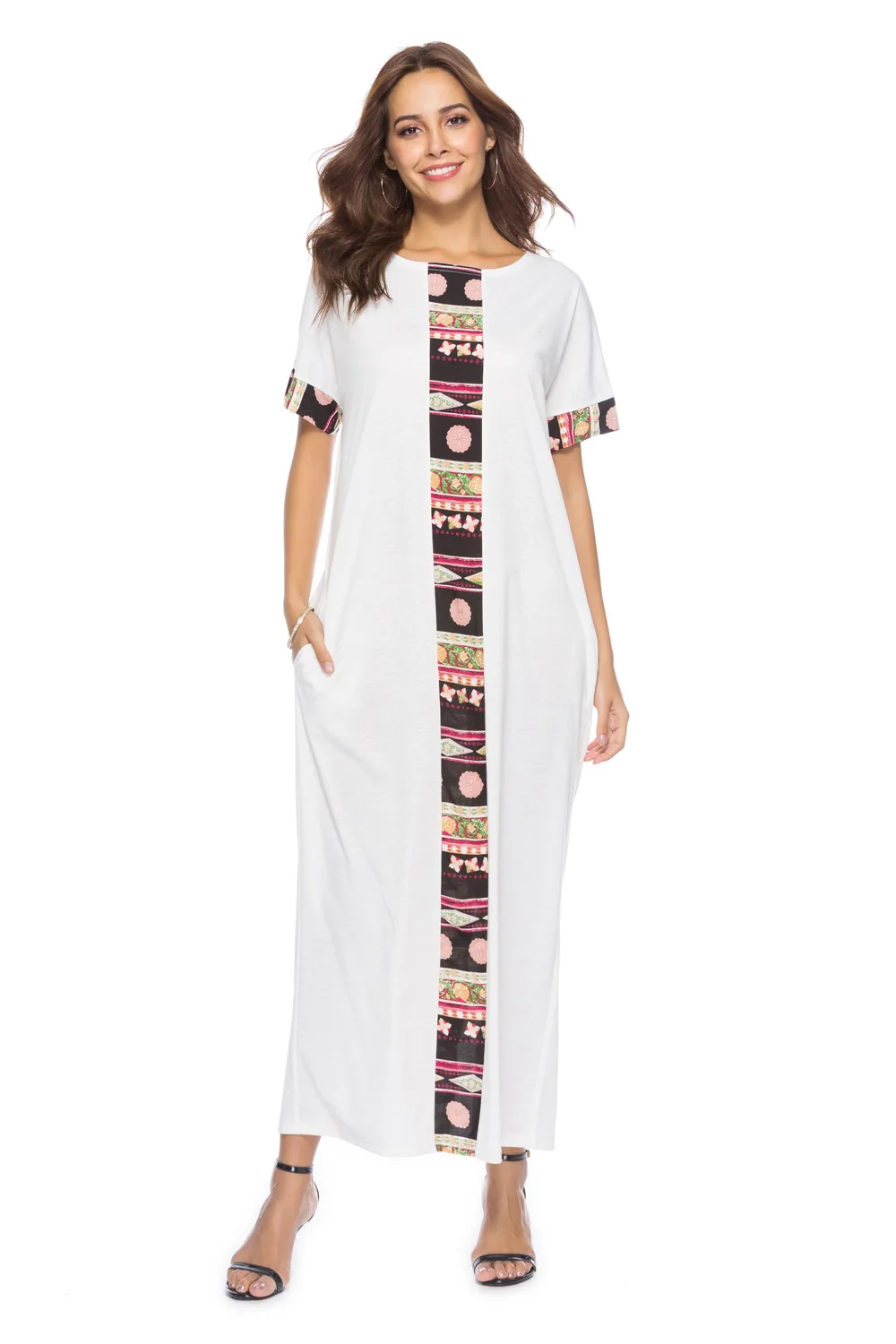Женская ночная рубашка длинного размера плюс, короткий рукав, пэчворк, ночная рубашка, повседневное домашнее платье, одежда для сна, арабское женское платье, M-4XL