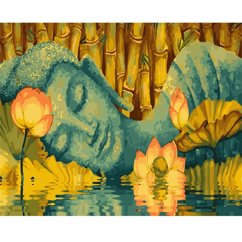 

DIY Digital Painting By Numbers Package Water lily Buddha oil painting mural Kits Coloring Wall Art Picture Gift frameless