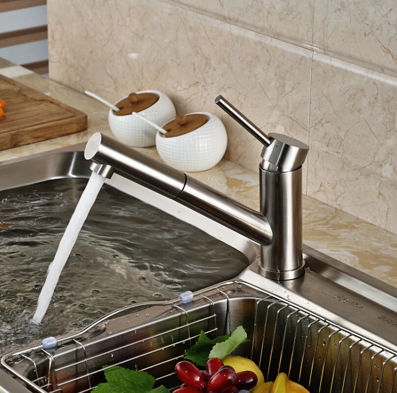 Brushed Nickel Pull-Out Kitchen Sink Faucet Single Handle One Hole With Hot & Cold Water Mixer Taps