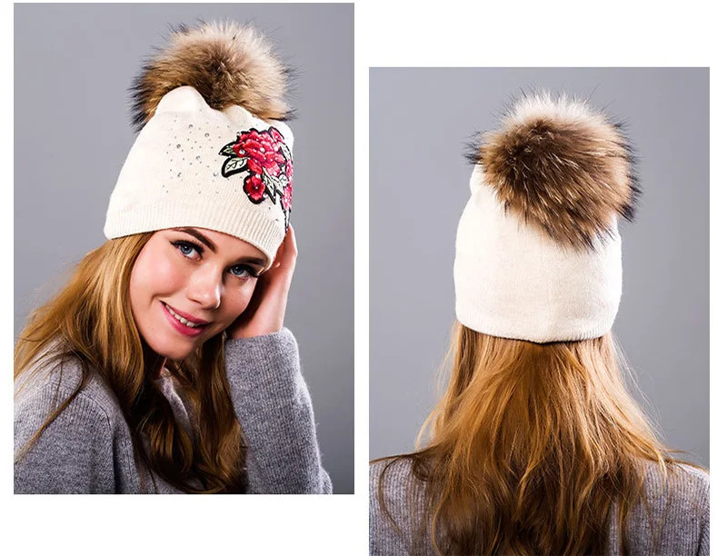 Winter Hat Women Knit Beanie Warm Cap Wool Flower Real Raccoon Pom Pom Autumn Casual Outdoor Ski Skullies Snow Accessory (37)