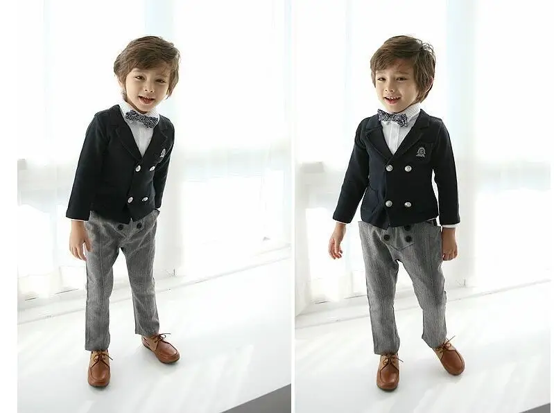Boys Wedding Costume England Style Formal Blazer Suit Children Spring Clothing Set 4PCS