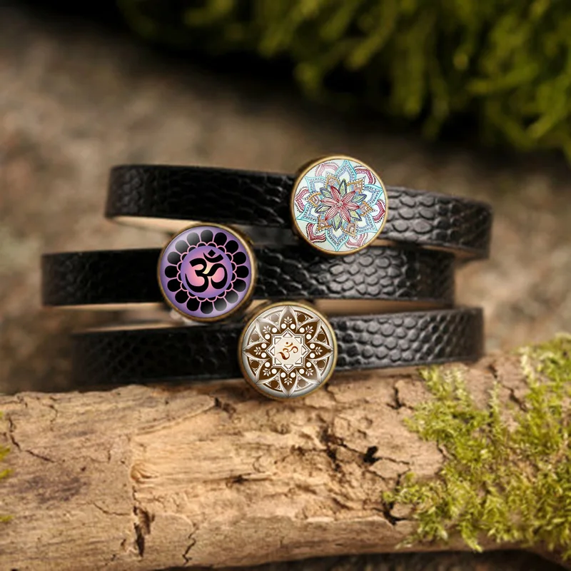 

12 Style Mandala Flower Bracelets & Bangles Gem Dome Glass Om Symbol Buddhism Fashion Charm Black Leather Bracelet Women Jewelry
