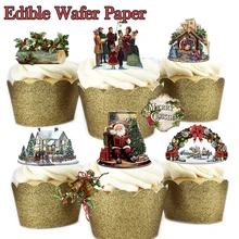 200 шт Смешанные рождественские изображения съедобные нарезанные вафельные топперы для кексов, идея для украшения торта для рождественской вечеринки бумажные подставки для торта