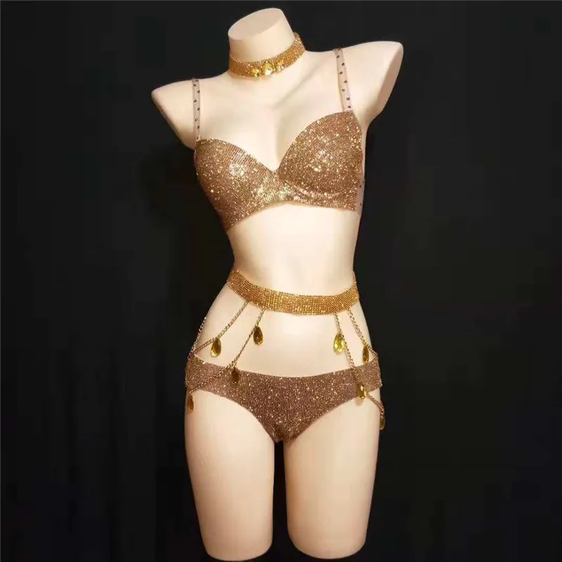 

E51 Gold color Rhinestone bodysuit dj bikini dress bra catwalk performance show clothe party outfits disco pole dance costumes