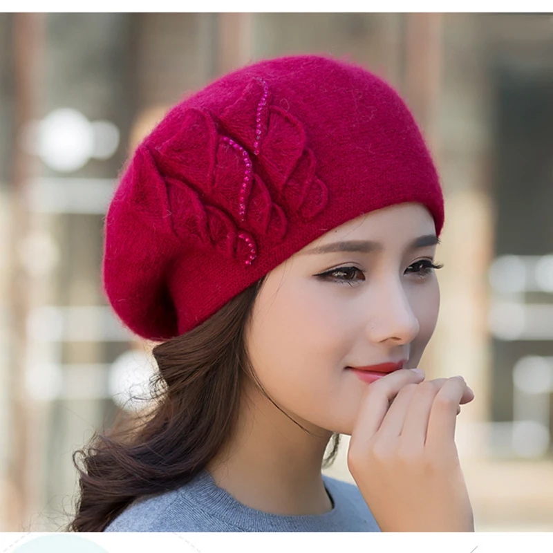 Angora Beanie Women Winter Hat Warm Knit Cap Beret Headwear Double Layer Casual Soft Classic Thermal Snow Outdoor Accessory (4)