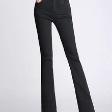 Черные обтягивающие джинсы для женщин, растягивающиеся джинсы размера плюс с расклешенным низом с высокой талией, ковбойские женские джинсы