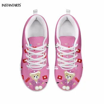 

INSTANTARTS Cute Cartoon Bear Nurse Print Pink Running Shoes for Woman Breathable Summer Sports Shoes Outdoor Mesh Gym Sneakers
