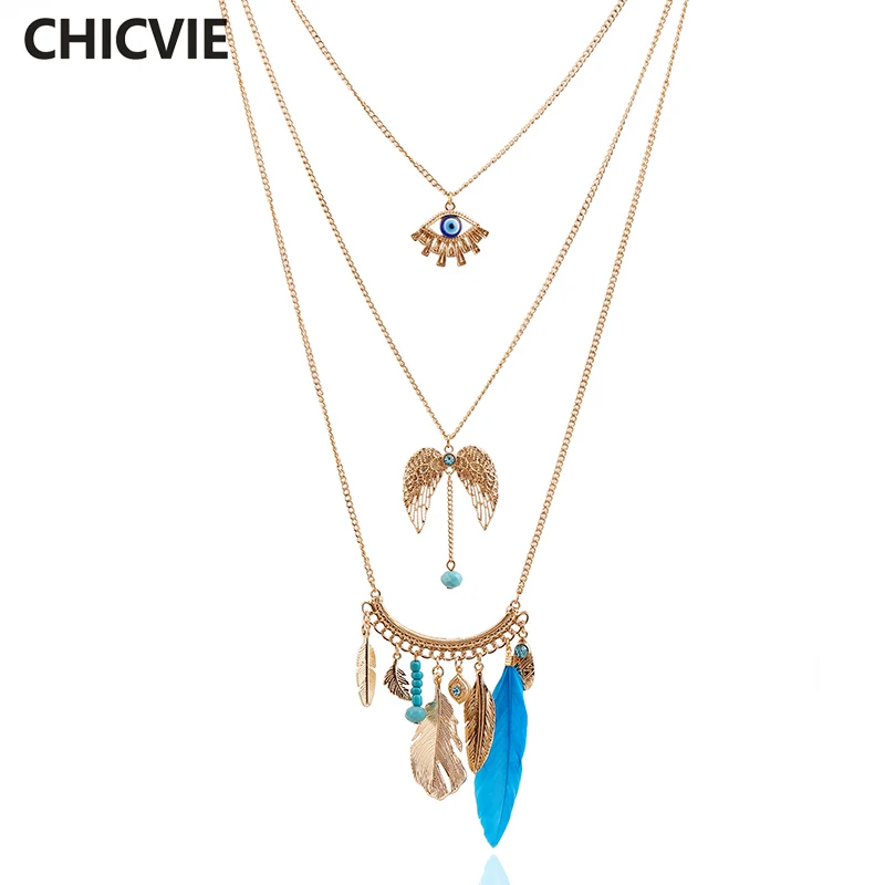 

CHICVIE Multi Layer Body Choker Necklace Feather Chain Gold Color Necklace for Woman Ethnic Summer Trending Jewelry SNE160035