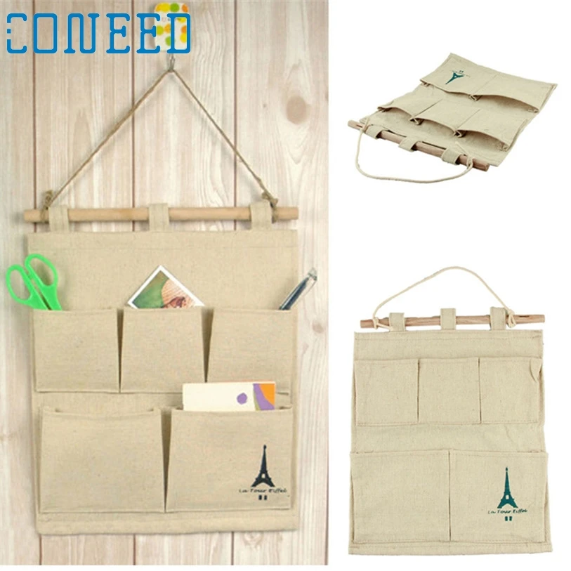 Folding Cotton Storage Bag 5 pocket wall hanging bags multi layer fabric debris storage fashion pastoral