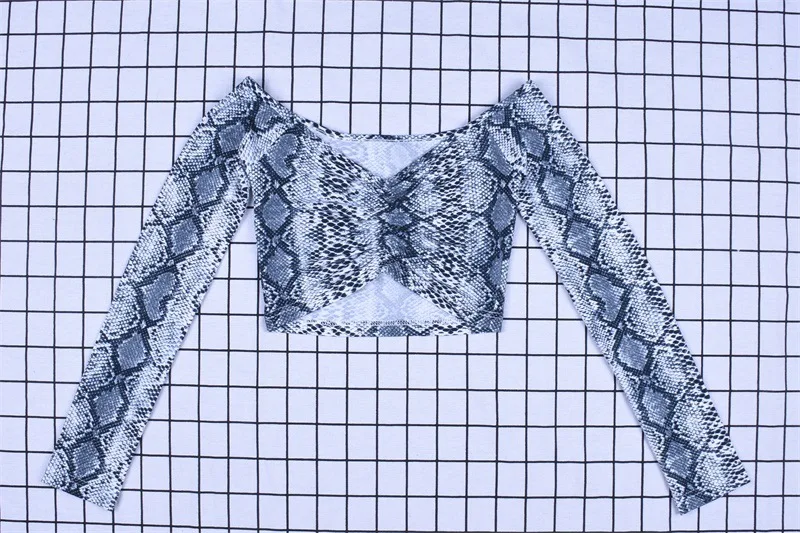 Новинка, женская блузка с открытыми плечами, Обрезанные Топы, женские сексуальные кроп-топы со змеиным принтом, женская уличная одежда, базовые футболки, майки