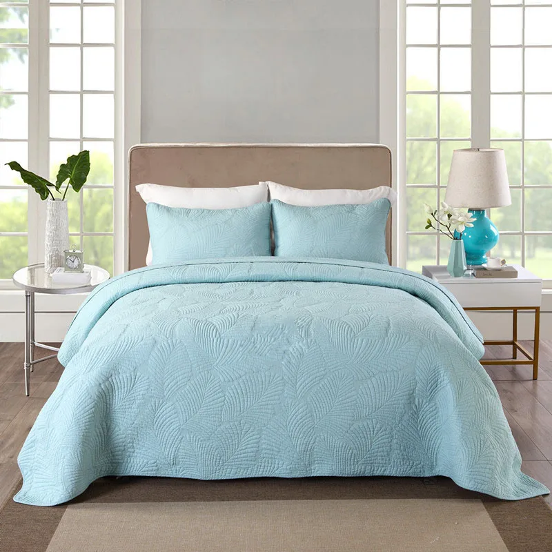 CHAUSUB Cotton Bedspread Quilt Set 3pcs Solid Coverlet Palm leaf