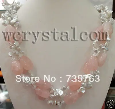 

HOT 0082 white reborn keshi pearls rose quartz necklace Silver