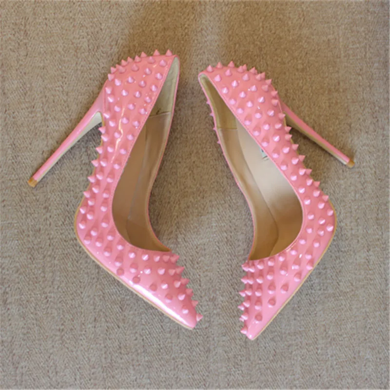 ; модные женские туфли-лодочки; женские розовые туфли из лакированной кожи с шипы со штифтовым соединением и острым носком на высоком каблуке; size33-43 12 см 10 см 8 см