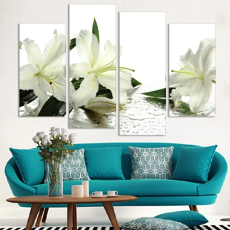 

Modular Pictures Frame Wall Art Painting 4 Pieces/Pcs Beautiful White Flowers HD Print Canvas For Living Room Decor Poster