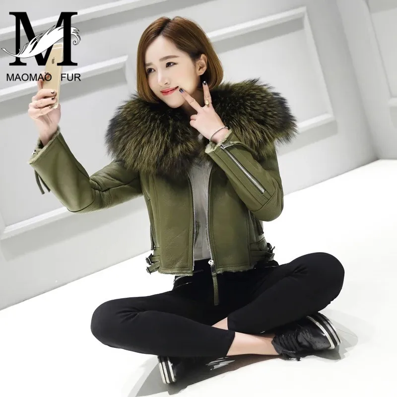Women Real Sheep Fur Coat Winter Warm Fashion Genuine Merino Sheepskin Leather Jacket Natural Real Large Raccoon Fur Collar Coat