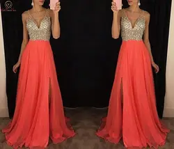 Coral Crystal Prom Dresses 2019 A Line Sleeveless Deep V Neck Floor Length Long Crystal Prom Dress Chiffon Formal Evening Gowns Coral Crystal Prom Dresses 2019 A Line Sleeveless Deep V Neck Floor Length Long Crystal Prom Dress Chiffon Formal Evening Gowns