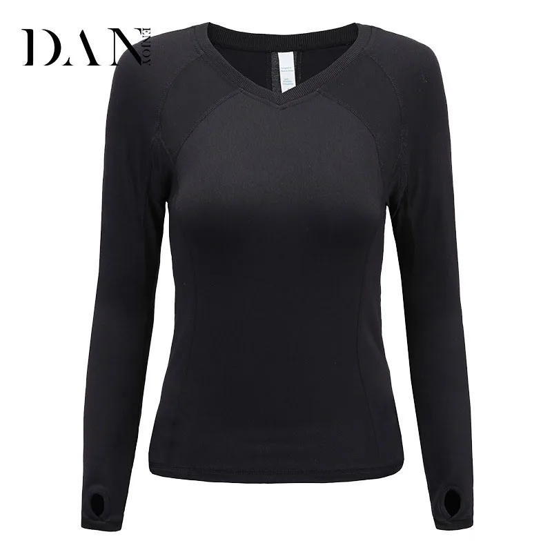 DANENJOY Women's Sports Yoga Shirts Black Pure Color Tight Long Sleeves ...