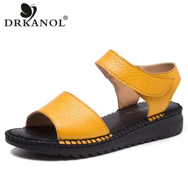 DRKANOL 2018 New Arrival Open Toe Women Sandals Summer Handmade Retro Soft Genuine Leather Women Flat Sandals Hook Loop Shoes