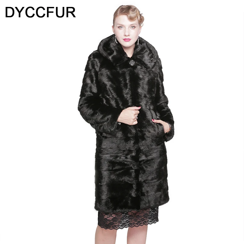 Buy DYCCFUR 100cm long real mink fur coat with hood